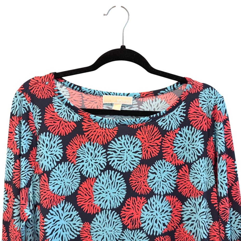 Michael Kors Shift Dress Blue Red Coral Long Sleeve Nautical Floral Womens XL - Picture 2 of 5